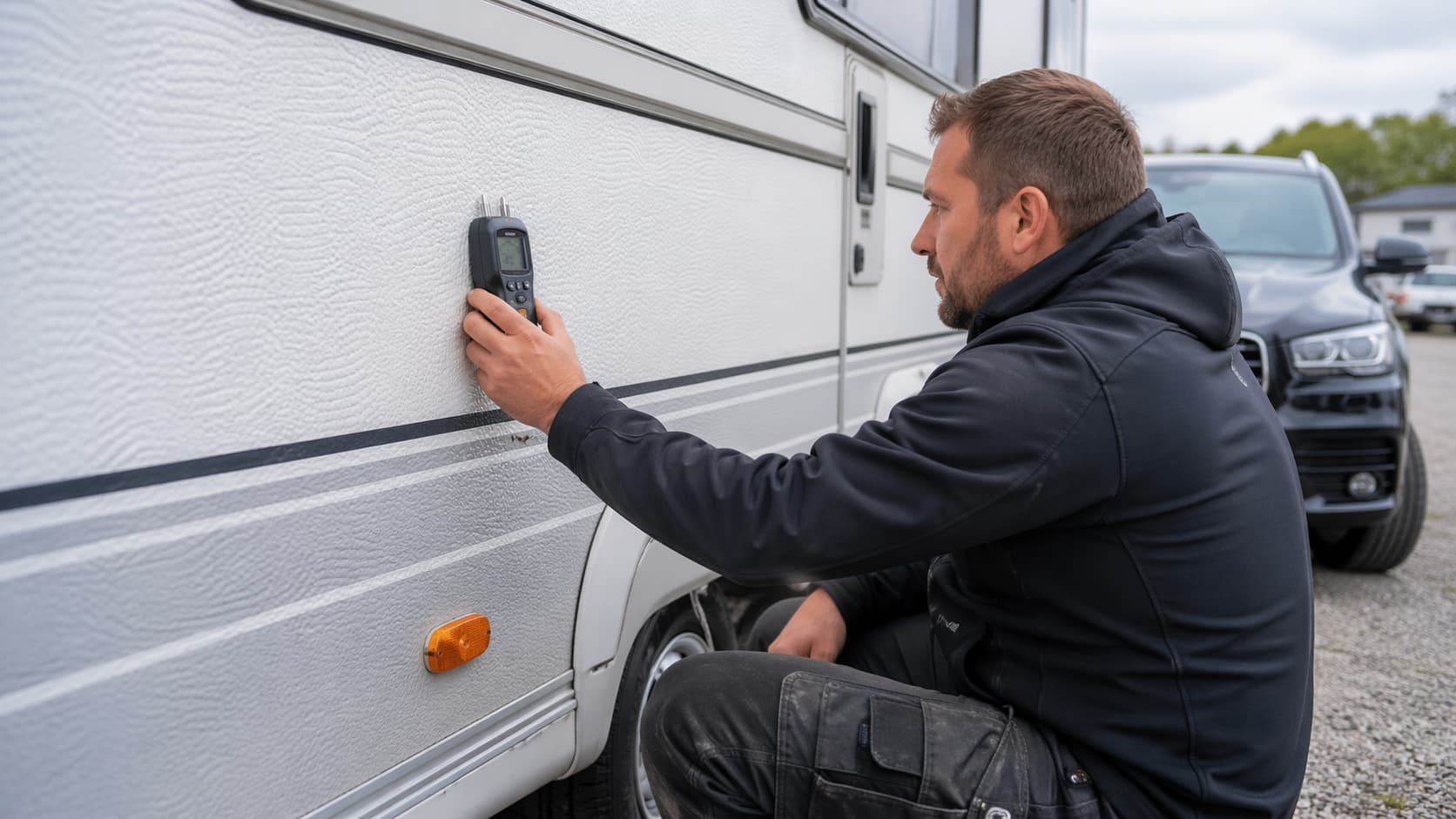 Fagperson utfører fuktmåling på campingvogn