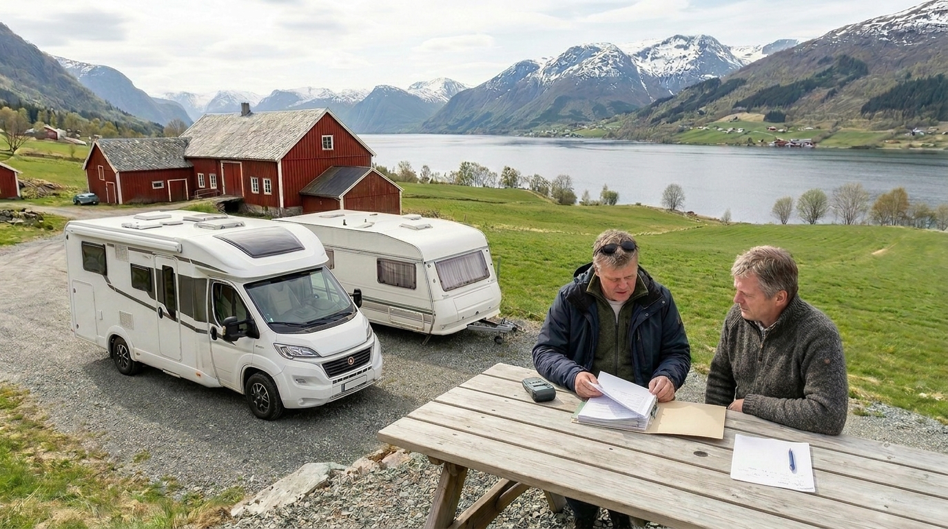 To menn gjennomgår papirer ved salg av bobil