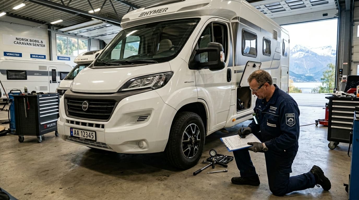 Mekaniker lager tilstandsrapport for bobil