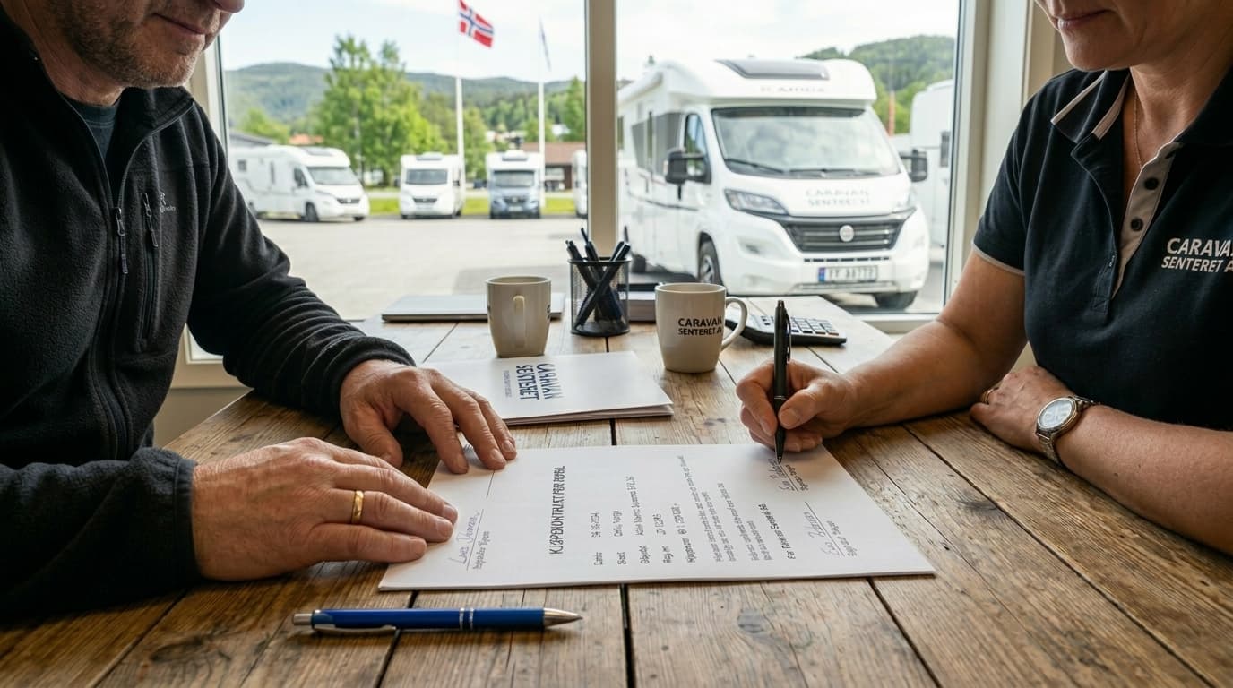 Signering av kjøpekontrakt for bobil