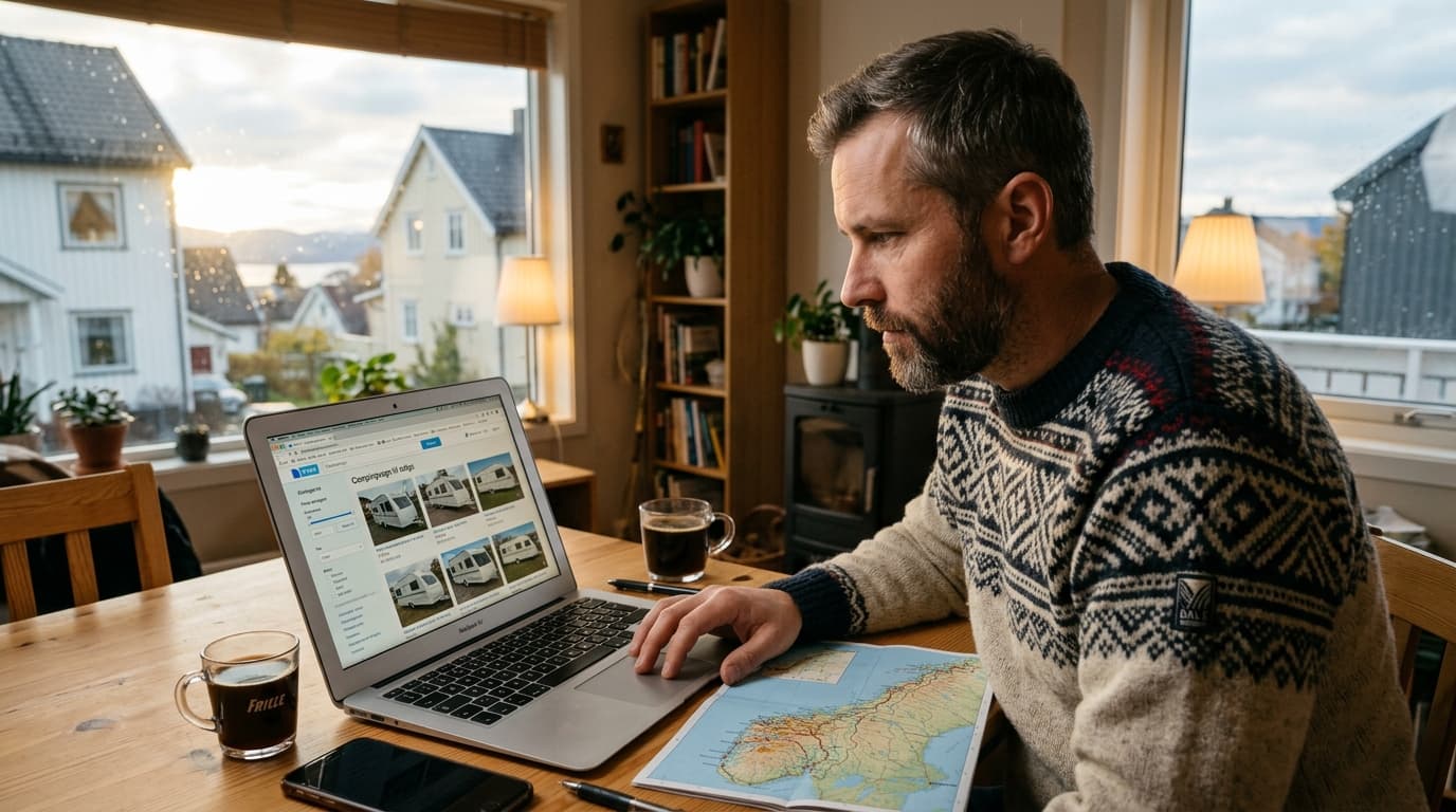Mann sjekker campingvognpriser på Finn.no